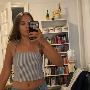 Brandy melville blue and white striped tie strap linen crop top. One size